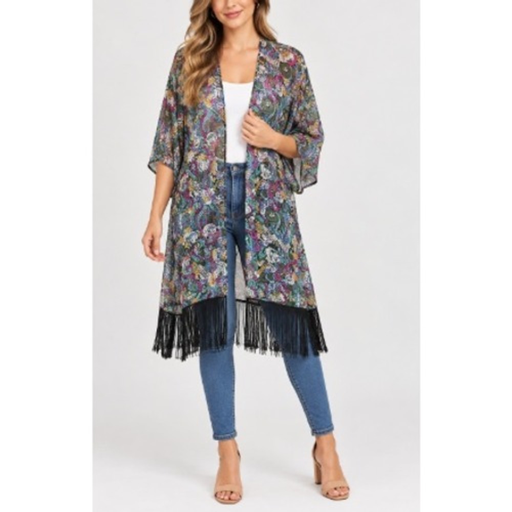 LuLaRoe Womens Multi Color Paisley Fringe Open Front Monroe Kimono Size S NWT